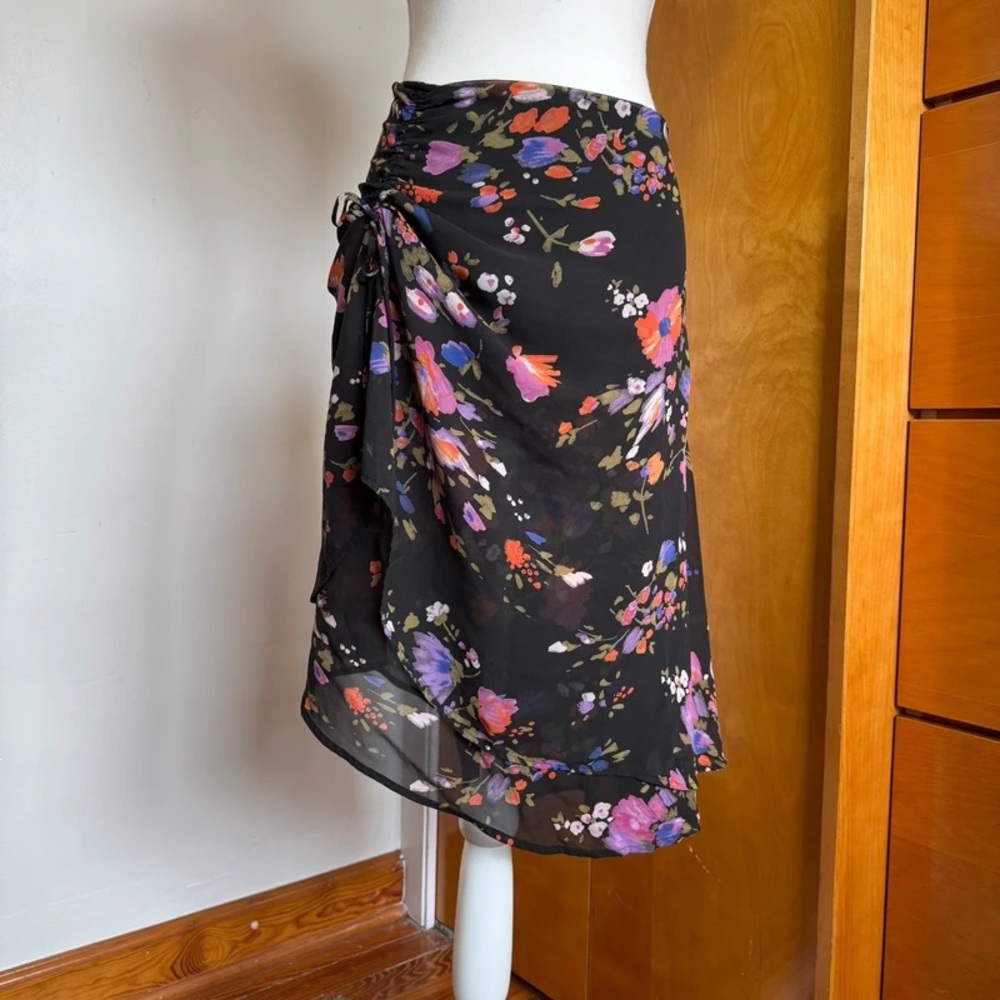 Black Floral Tie-Side Midi Skirt